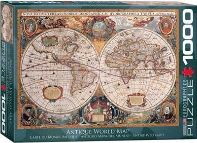 Antique World Map Puzzle 1000 Pieces. Finished size 19.25" x 26.5". This map was first issued in the Mercator-Hondius Atlas in the 1630 edition, in response to Willem Blaeu. Portraits of Julius Caesar, Ptolemy, Hondius and Mercator ornate the decorative b
