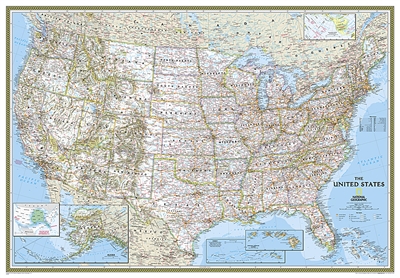USA Classic - National Geographic Wall Map XL. Our most popular United States wall map. Features all 50 States with insets for Alaska and Hawaii. All major cities, transportation routes, State boundaries, National Parks, inland waterways, and mountain ran