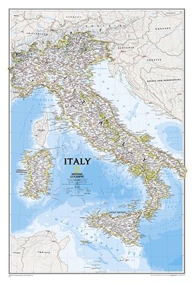 Italy Classic - National Geographic Wall Map. Our most detailed wall map of Italy. Features thousands of place names, accurate political boundaries, major infrastructure networks such as roads, canals, aqueducts, ferry routes, airports, and railroads. Ita