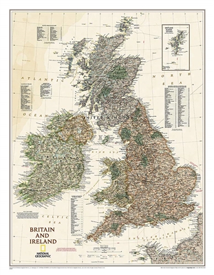 Britain & Ireland Executive National Geographic Wall Map. The classic political map of Britain and Ireland shows  detailed country boundaries, thousands of place names, major highways and roads, airports, bodies of water, and more. Perfect for the classro
