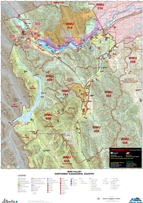 Bow Valley NW Kananaskis WMU Map.  The maps shows the boundary for Kananaskis Country, the Public Land Use Zones, crown land, private or freehold land, park boundaries, wildlife corridors and sanctuaries, camping spots, trailheads, roads, atv trails, hiki