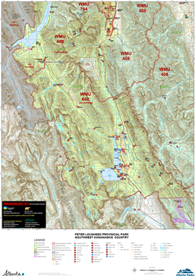 Peter Lougheed Provincial Park SE Kananaskis WMU Map. The maps shows the boundary for Kananaskis Country, the Public Land Use Zones, crown land, private or freehold land, park boundaries, wildlife corridors and sanctuaries, camping spots, trailheads, road