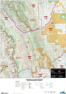 Highwood & Plateau Mountain South Kananaskis WMU Map. The maps shows the boundary for Kananaskis Country, the Public Land Use Zones, crown land, private or freehold land, park boundaries, wildlife corridors and sanctuaries, camping spots, trailheads, road