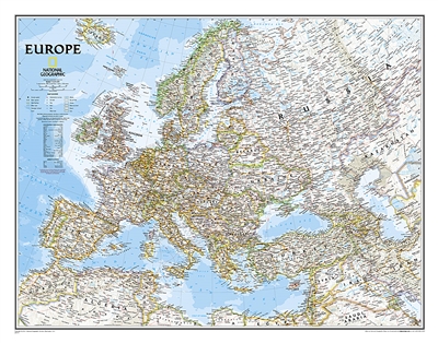 Europe Political Wall Map - National Geographic. Includes the countries and major cities of Albania, Armenia, Austria, Azerbaijan, Belarus, Belgium, Bosnia & Herzegovina, Bulgaria, Croatia, Cyprus, Czech Republic, Denmark, Estonia, Finland, France, Georgi