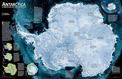 Antarctica Satellite Wall Map - National Geographic. A striking view of Antarctica's terrain, compiled from 4,500 satellite scans. Additional inset maps show surface elevation, ice sheet thickness, velocity of ice flow, and sea ice movement and wind flow.