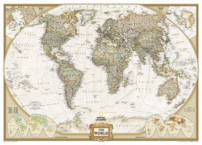 World Executive National Geographic Wall Map 3 Sheet Mural. This elegant, richly colored antique-style world map features the incredible cartographic detail that is the trademark quality of National Geographic. The map features a Tripel Projection, which