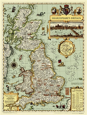 Shakespeare's Britain National Geographic Wall Map. First published in the May, 1965 issue of NATIONAL GEOGRAPHIC, this map is a one of a kind resource for any true Shakespeare enthusiast. Steeped in the history of the era, Shakespeare's Britain is infuse