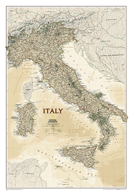 Italy Executive National Geographic Wall Map. This elegant, richly colored antique-style map features the incredible cartographic detail that is the trademark of National Geographic quality. In addition to detailed reference information - country boundari