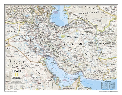 Iran Classic National Geographic Wall Map. This wall map of Iran features the classic National Geographic reference styling. Includes hundreds of place names, accurate political boundaries, national parks, archaeological sites, and major infrastructure ne