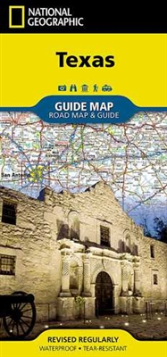 Texas National Geographic State Guide Map. The front side is an easy-to-read road map with insets of: - Austin - San Antonio - Corpus Christi - Abilene - Waco - Laredo - Beaumont - McAllen - Odessa / Midland - El Paso - Lubbock - Amarillo The back include