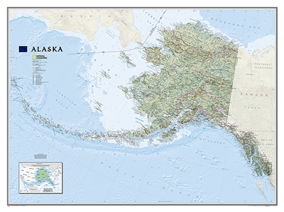 Alaska Physical National Geographic Wall Map. One of the largest and most detailed maps available for the North Star State. Rich shaded relief makes Alaskas incredibly diverse terrain easy to visualize and remarkably beautiful. This map includes hundreds