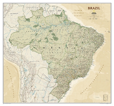 Brazil Executive Wall Map - National Geographic. National Geographic's Brazil Executive wall map is fittingly one of the largest maps available of the largest country by area in South America, and the fifth largest in the World. It shows the entire countr