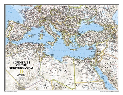 Countries of the Mediterranean Classic National Geographic Wall Map. This National Geographic wall map features the countries bordering the great inland sea the Mediterranean. Exquisitely detailed, this reference map contains hundreds of place names, many