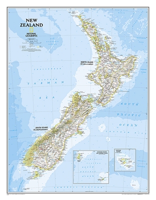 New Zealand Political Wall Map - National Geographic. The reference map of New Zealand uses National Geographic's signature Classic style with blue oceans and stunning shaded relief. The map shows this island nation in great detail, from the subtropical N