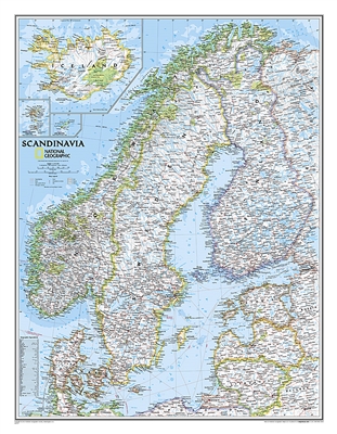 Scandinavia Political Wall Map - National Geographic. This beautiful wall map of Scandinavia and surrounding countries conforms to National Geographic's demanding cartographic standards. Unparalleled detail shows political boundaries, major cities and tow