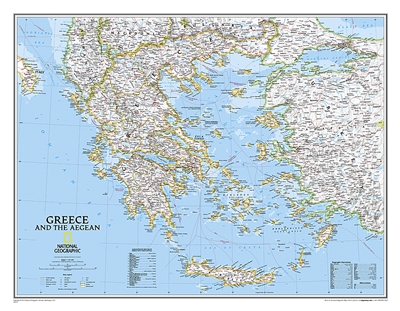Greece Classic National Geographic Wall Map. The classic National Geographic wall map of Greece shows this beautiful area in uncompromisingly accurate detail. The map includes political boundaries, cities and towns, bodies of water, major roadways, airpor