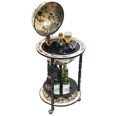 Novara Bar Globe - 13 Inch Globe. The Novara Bar Globe opens from its hinged meridian to reveal antique replica frescoes inside. Wrapped with majestic replica 16th century nautical maps and integrated wooden floor stand with casters for easy portability,