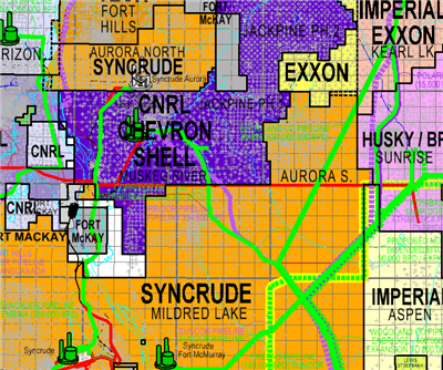 Athabasca East Oil Sands map. Showcases Oil Sands leases in the eastern half of the Athabasca Oil Sands Basin in Alberta. Depicts In-Situ leases predominantly south of Fort McMurray and Surface Mineable leases predominantly north of Fort McMurray. Shows c