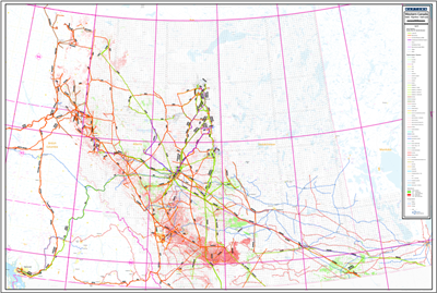 Western Canada Wells Pipelines Railroads Wall Map. All pipeline substances such as Crude Oil, Natural Gas, LNG, Condensate and others with an outside diameter of 16 inches and greater are depicted. The Pipeline System Name or Operator is also noted. There