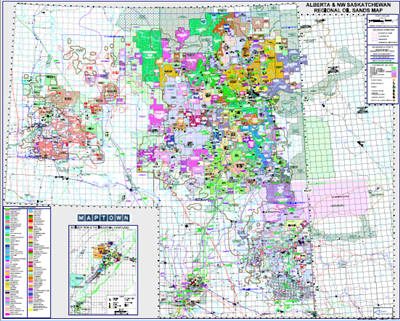 Alberta & NW Saskatchewan - Oil Sands Regional map. Showcases the location of the major heavy oil and oil sands project locations along with current company land positions. This is a laminated map covering Township 52-102 Range 22 W3 to Range 1 W6.