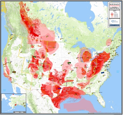 North America Shale Gas Plays and Basins map. This laminated boardroom map shows all the major Shale Gas plays and locations in Canada and the USA, showing the extent of the top producing Tight and Shale Gas Geological Plays and Basins. The map provides a