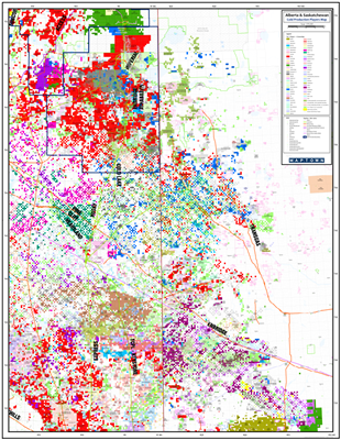 Alberta & Saskatchewan Cold Production Oil map. Showcases Oil Leases specific to the Cold Production Belt that stretches from the Cold Lake Oil Sands in Alberta, down past Lloydminster going south towards Swift Current in Saskatchewan. This map shows who