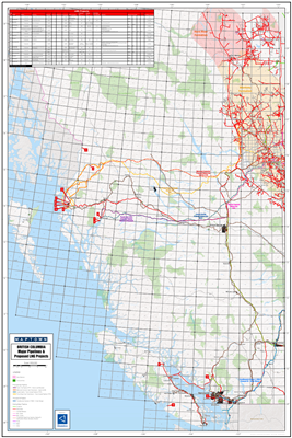 This map of BC shows all fifteen proposed and approved LNG (liquid natural gas) projects that tie into Kitimat, Prince Rupert, Vancouver and other locations in BC. Also depicted are major proposed and existing pipelines, including Kinder Morganâ€™s TMX.