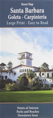 Santa Barbara, Goleta and Carpinteria California street map. Includes points of interest, parks and beaches and an inset of downtown. LArge print and easy to read. Includes the areas of Ellwood, Isla Vista, Hope Ranch, Montecito and Summerland. Includes a