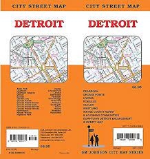 Detroit Michigan city street map. This folded map includes these areas: Dearborn, Detroit, Grosse Pointe, Livonia, Romulus, Taylor, Westland, Wayne County North. Made by GM Johnson.