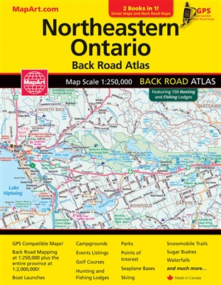 NE Ontario Back Road Atlas. Includes communities of Blind River, Calledar, Chapleau, Cobalt, Cochrane, Elliot Lake, Espanola, Hearst, Hornepayne, Iroquois Falls, Kapuskasing, Kirkland Lake, Longlac, Manitouwadge, Mattawa, North Bay, Sault Ste Marie, Smoot