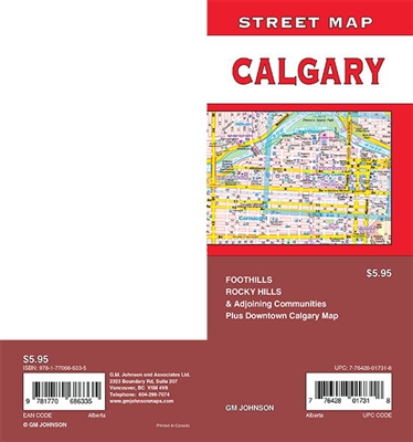 Calgary Street map folded by GM Johnson. Includes the Foothills and Rocky Hills plus adjoining communities. Detailed map of downtown Calgary. Includes a detailed index to quickly find street addresses. Makes for quick and easy location of destinations and