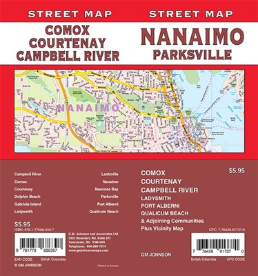 Nanaimo, Parksville Street Map Includes Campbell River, Comox, Courtenay, Dolphin Beach, Gabriola Island, Ladysmith, Lantzville, Nanaimo, Nanoose Bay, Parksville, Port Alberni, Qualicum Beach, Plus Vicinity Map. It shows transportation, boundaries, servic