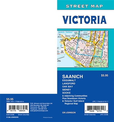 Victoria Detailed Street map. Includes Saanich, Esquimalt, Langford, Oak Bay, Sidney, Sooke, adjoining communities, downtown Victoria, Victoria/Gulf Island regional map. It shows transportation, boundaries, services, culture centers, and road designations