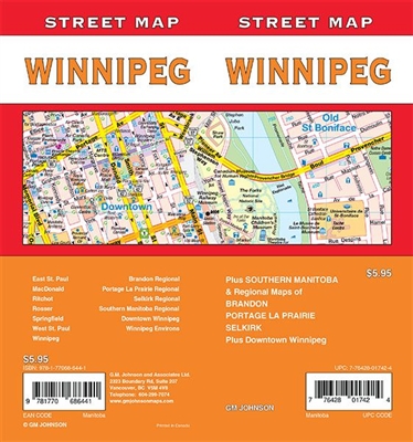 Winnipeg Road Map Includes Southern Manitoba, regional maps of Brandon, Portage la Prairie, Selkirk, and downtown Winnipeg. It shows rails, schools, boundaries, public services, campgrounds, ski areas, culture centres.