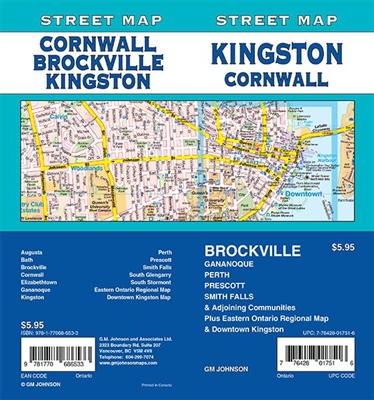 Kingston Cornwall Street Map Includes Augusta, Bath, Brockville, Cornwall, Elizabethtown, Gananoque, Kingston, Perth, Prescott, Smith Falls, South Glengarry, South Stormont, Eastern Ontario regional map and downtown Kingston map. It shows transportation,