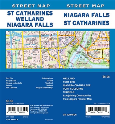 Niagara Falls, St. Catharines Street Map Includes Welland, Fort Erie, Niagara-on-the-lake, Port Colborne, Thorold and adjoining communities, and Niagara Frontier map. It shows transportation, boundaries, services, culture centres, and road designations.