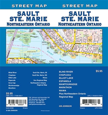 Sault Ste. Marie Road Map Includes Blind River, Chapleau Elliot Lake, Espanola, Manitouwadge, Marathon, Wawa and Northeastern Ontario Regional Map. It shows transportation, boundaries, services, culture centres, and road designations.