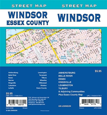 Windsor Street Map Includes Amherstburg, Belle River, Essex, Kingsville, Leamington, Tilbury and adjoining communities, and Essex county map. It shows transportation, boundaries, services, culture centres, and road designations.