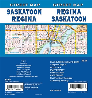 Regina Saskatoon Road Map Includes Regina, Saskatoon, Southern Saskatchewan, Battlefords, Moose Jaw, Price Albert, Swift Current, Downtown Saskatoon and University Area. It shows transportation, boundaries, services, culture centres, and road designations