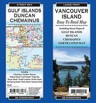 VANCOUVER ISLAND ROAD MAP.  Easy to read including street maps of Gulf Islands, Duncan, Chamainus, Crofton, Duncan, Galiano Island, Maple Bay, Mayne Island, North Cowichan, Pender Island, Salt Spring Island, Thetis Island, and Saturna Island.