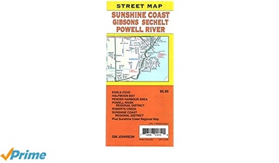 Sunshine Coast, Gibsons Sechelt & Powell River Map. Situated in southeast British Columbia, this folded map includes Earls Cove, Halfmoon Bay, Pender Harbor Area, Powell River regional district, Roberts Creek, Sunshine Coast regional district, plus the Su