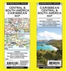 Central and South America plus Caribbean travel and road map. This well laid out map shows every major island in the Caribbean, has city and country indexes, time zones, highways, airports, places, relief, political boundaries and much more. Printed on wa