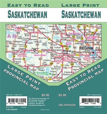 Saskatchewan Road Map Includes Saskatchewan North and South,  Vicinity maps of Regina, Saskatoon, Estevan, Lloydminster, Moose Jaw, North Battleford, Prince Albert, Swift Current, Yorkton, Downtown Regina, Downtown Saskatoon. The map has a distance chart,