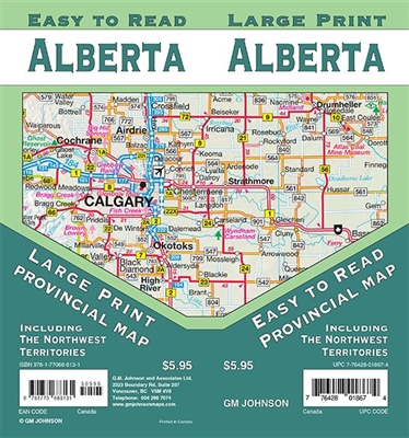 This easy to read Alberta Road Map showing towns and cities and highway numbers, with mileages, campgrounds and points of interest.  It also includes insets of major towns and cities, as well as an inset of the Northwest Territories.