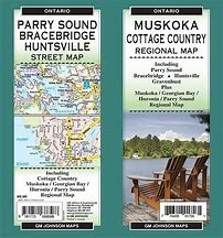 Muskoka Cottage Country Road Map.  Regional map includes Parry Sound, Bracebridge, Huntsville, Gravenhurst, plus Muskoka, Georgian Bay, Huronia, and Parry Sound.