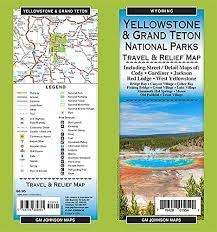 Yellowstone & Grand Teton National Parks Travel & Relief Map.  This map includes detail maps of Cody, Gardiner, Jackson, Red Lodge, and West Yellowstone as well as Bridge Bay, Canyon Village, Colter Bay, Fishing Bridge, Grant Village, Lake Village, Mammot