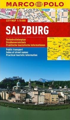 Salzburg city map. The pocket size Marco Polo city map of Salzburg 1:15000 scale is printed on water proof paper. Covers practical touristic information, public transportation and index of street names.