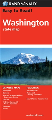 Washington State Map. Includes detailed maps of Bellingham, Mount Rainier National Park, Olympia, Seattle/Tacoma & Vicinity, Downtown Seattle, Spokane, Vancouver & Yakima. This easy to read map is a must have for anyone traveling in and around Washington,