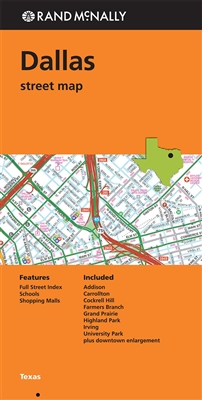 Dallas Texas Street Map. Communities include Addison, Carrollton, Cockrell Hill, Farmers Branch, Highland Park, Irving, University Park plus downtown enlargement. Shows all Interstate, US state, and county highways, along with clearly indicated parks, poi