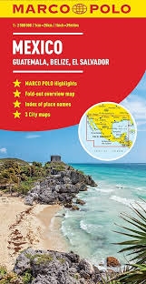 MEXICO TRAVEL MAP.  This is a Marco Polo Map at 1: 2,500,000 scale with easy to read cartography, a detailed Legend and Index, as well as a distance chart.  An attached booklet covers highlights and inset maps of Campeche, the City of Guatemala, the City